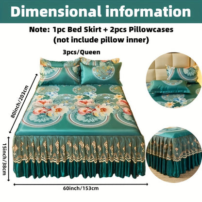 2PCS/3PCS New Full Lace Hem Bed Skirt, Jacquard Ice Silk Mat, Softness and Comfort, Folding, Machine Wash, Mattress Cover, Bedding Set, Bedroom Guest Room Bedding, Single, Double, Multiple Sizes(1PC Bed Skirt + 1PC/2PCS Pillowcases, Without Core)