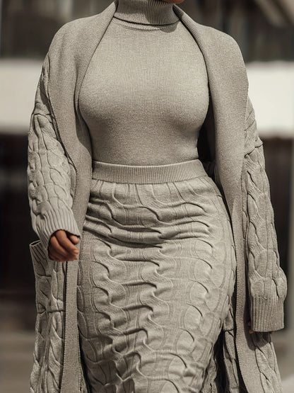 Chic Two-Piece Knit Set for Women - Open Front Pocketed Cardigan & Sleek Turtleneck Sweater with High-Waist Skirt, Perfect for Work & Casual Outings