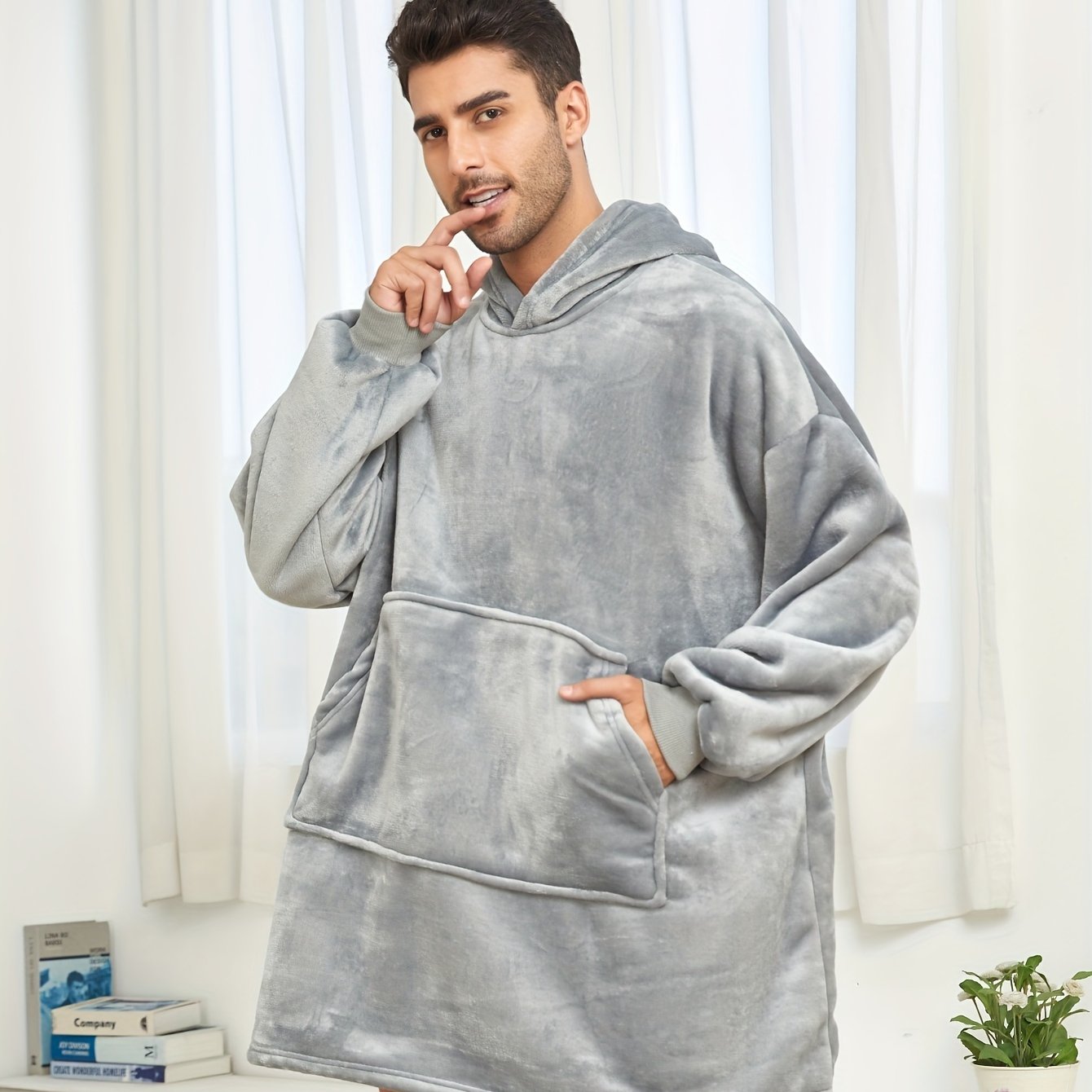 Men's Hooded Cartoon Pattern Blanket Hoodie, Trendy Plush Robe Loungewear Sleepwear, Christmas Gift For Men ( Suitable For Height 160-190cm)