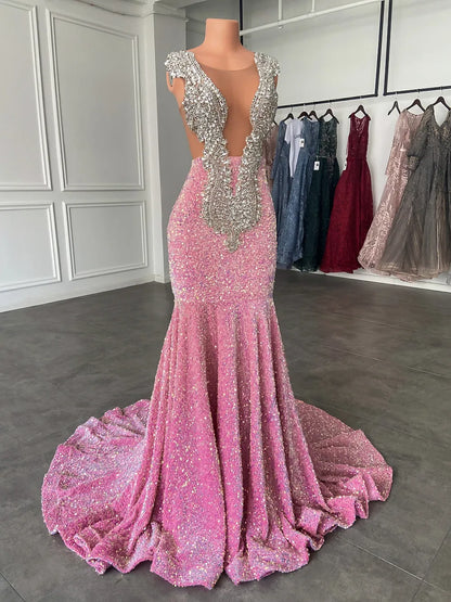 Luxury Long Prom Dresses Sexy Mermaid Sparkly Pink Sequin Black Girls Crystals Evening Formal Gala Party Gowns Robe De Soiree Vestido BC15439