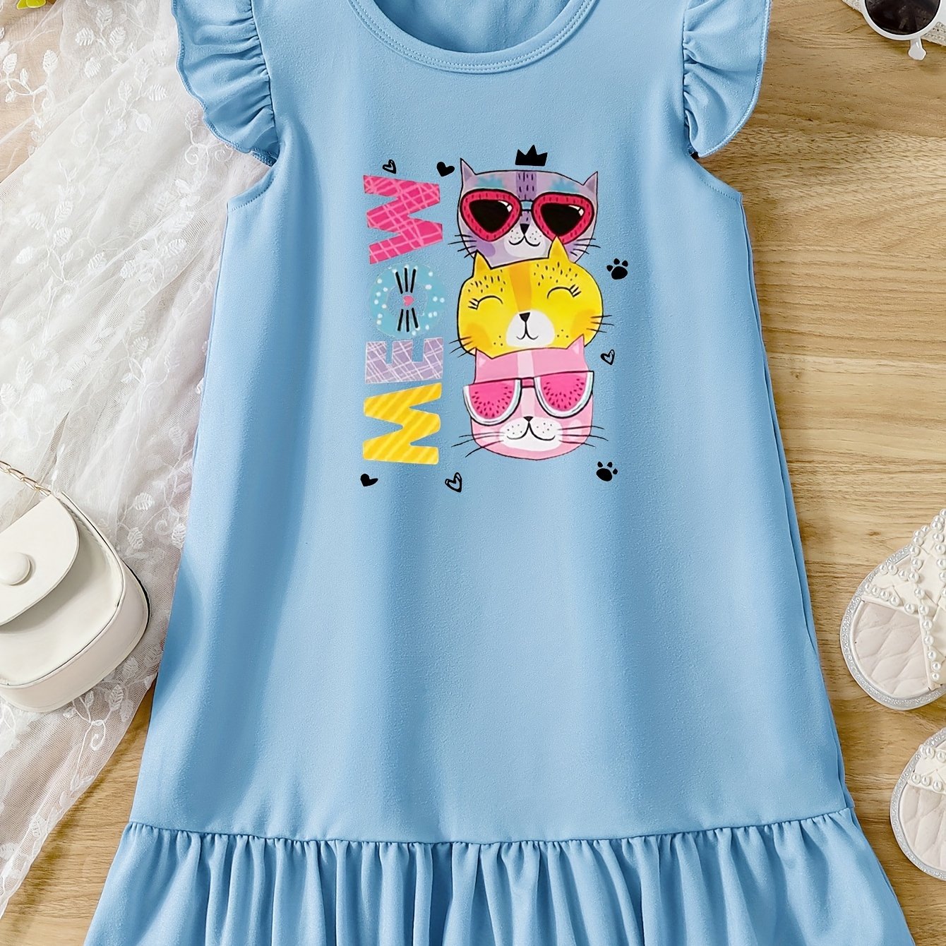 Casual Cartoon Cat Ruffle Trim Crew Neck Dress for Girls - Vibrant Graphic Print, Flying Sleeve, Trendy Summer Outfit - Fun and Playful Design for Little Fashionistas