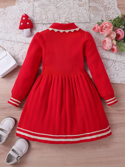 Stretchy & Comfy Long Sleeve Collar Butterfly Decor Preppy Style Dress for Girls Kids