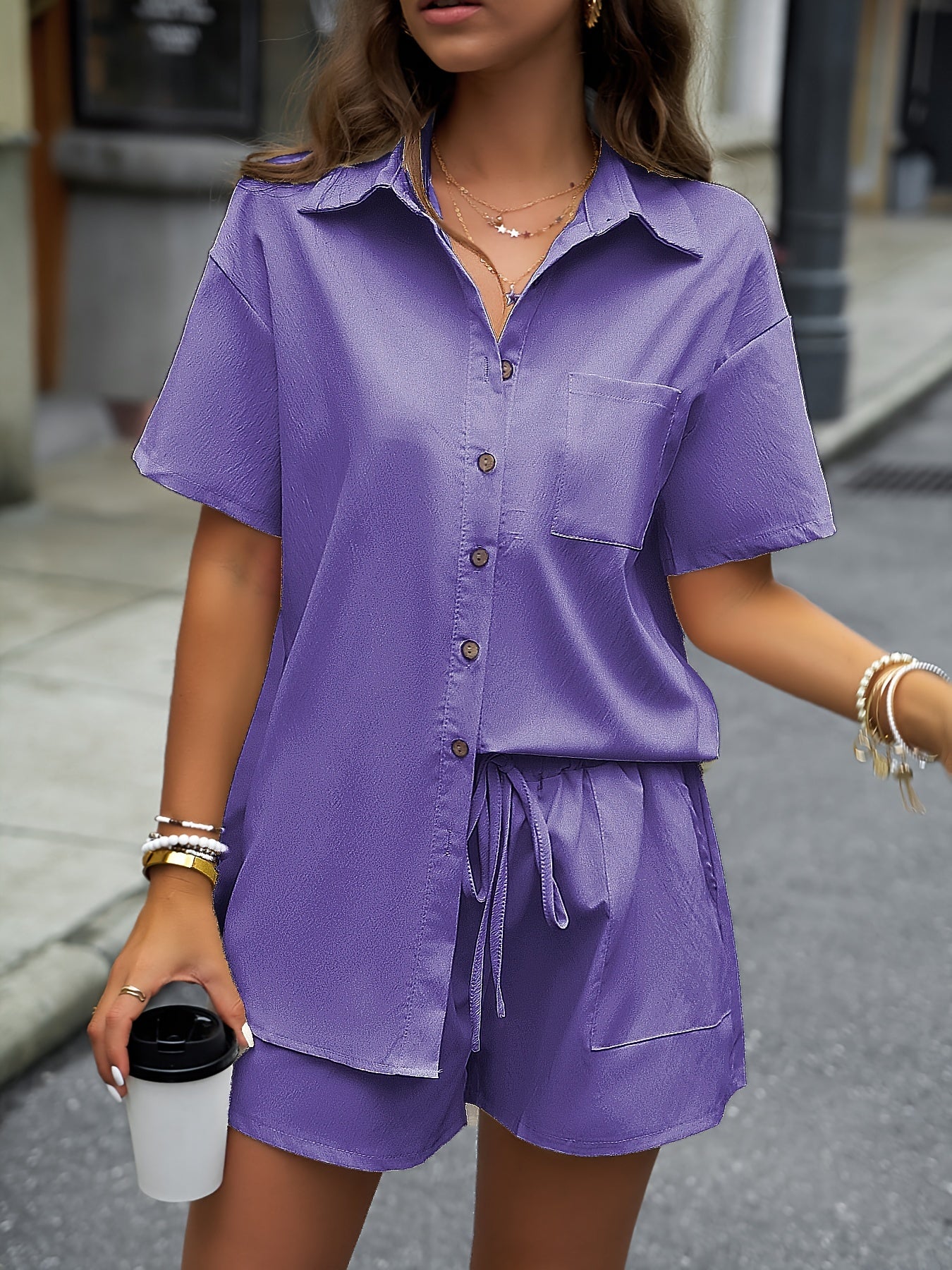 Two-Piece Solid Casual Outfit Set - Elegant Button Front Turn Down Collar Mid-Length Shirt & Drawstring Elastic Waist Shorts - Polyester Woven, Spring/Summer Wear, No Sheer, No Printing, Lace-Up Closure