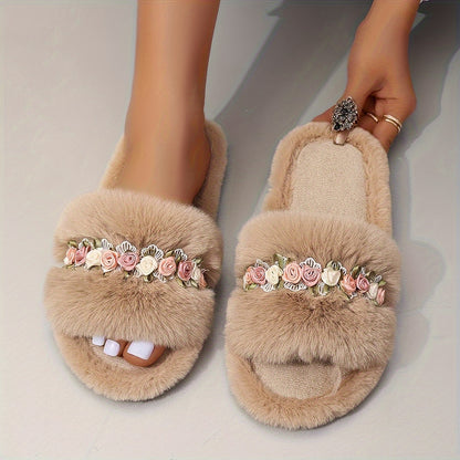 Flower Decor Fluffy Slippers, Casual Open Toe Plush Shoes, Comfortable Indoor Home Slippers