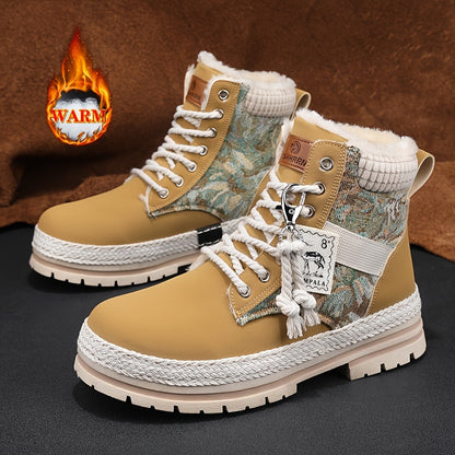 Men's Trendy High Top Snow Boots With Warm Plush Lining, Comfy Non Slip Lace Up Casual Shoes For Men's Outdoor Activities