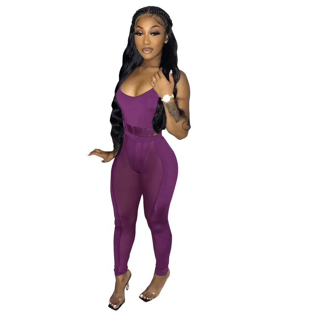 Women's Dress Mesh Splice Sling Sexy Hollow out Nightclub Perspective Two Piece Set clubwear jumpsuits rompers