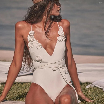 Women's Swimwear White Flower Sexy Bikini Women Trend Swimsuit  Off Shoulder Swim Suits Deep-v Monokini Biquini Bathingsuit Bodysuit