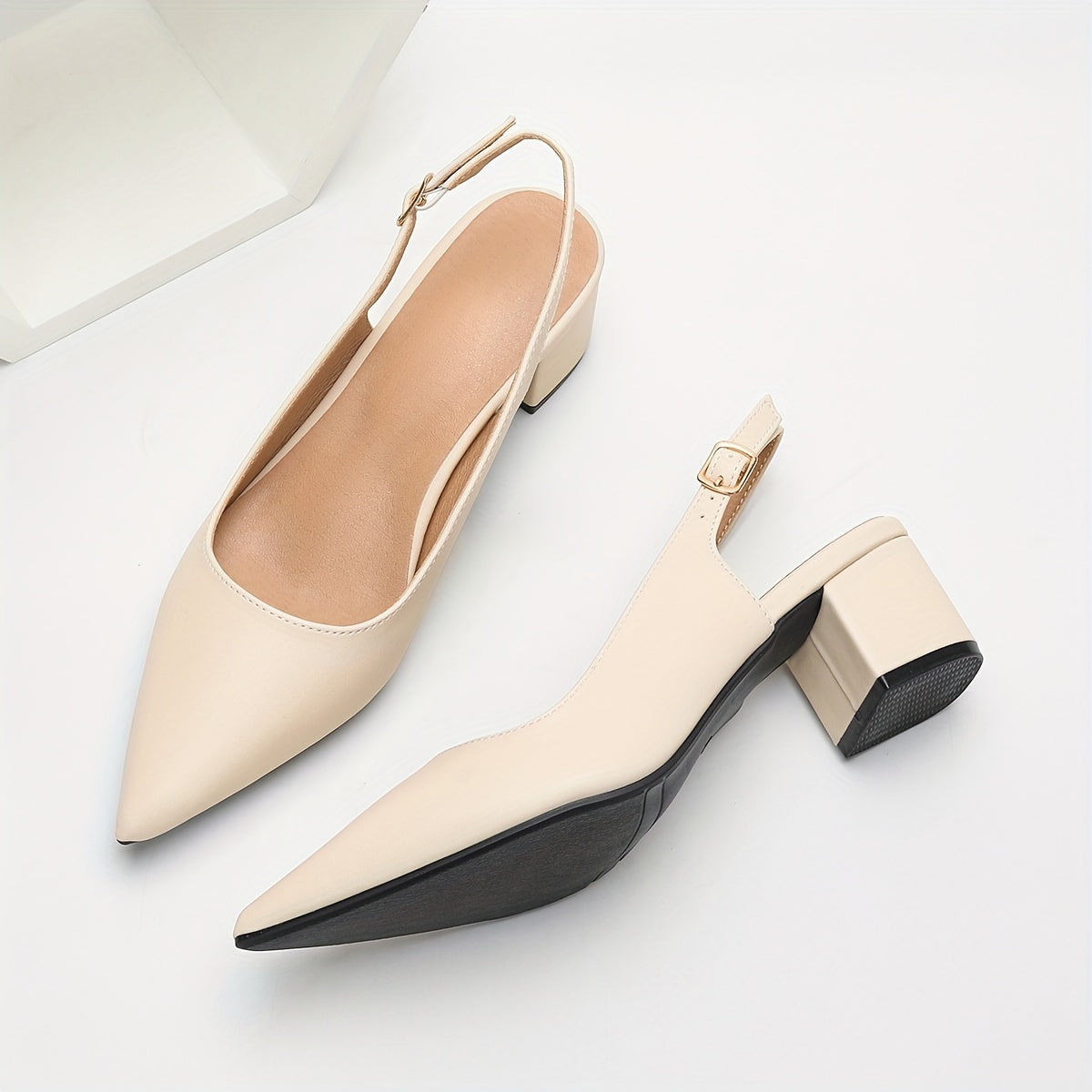 Elegant Women's Pointed-Toe Slingback Heels - Chunky Solid Color Dress Pumps with Fashion Buckle Strap, Comfortable Walking Shoes for Work, Party, Wedding - High-Quality Synthetic Upper, Sturdy Heel, Soft Insole