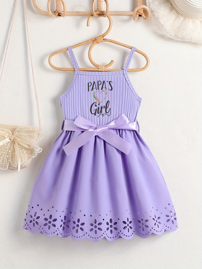 PAPA'S GIRL Print, Girl's Fashion Casual Summer Sleeveless Dress With Bow Belt And Hollow Out Design For Outdoor Wear