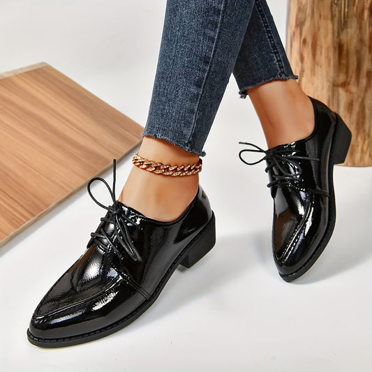 Fashion-Forward Womens Solid Color Chunky Heel Oxfords - Stylish Lace-Up, Pointed Toe, Comfortable Dress Shoes - Perfect for Students, Versatile Wear, All-Day Comfort