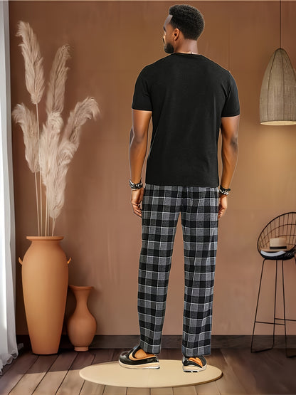 2 Pcs Men's Simple Solid Round Neck Short Sleeve & Plaid Trousers Pajama Set, Comfortable & Skin-friendly Style Pajamas For Men's Cozy Loungewear