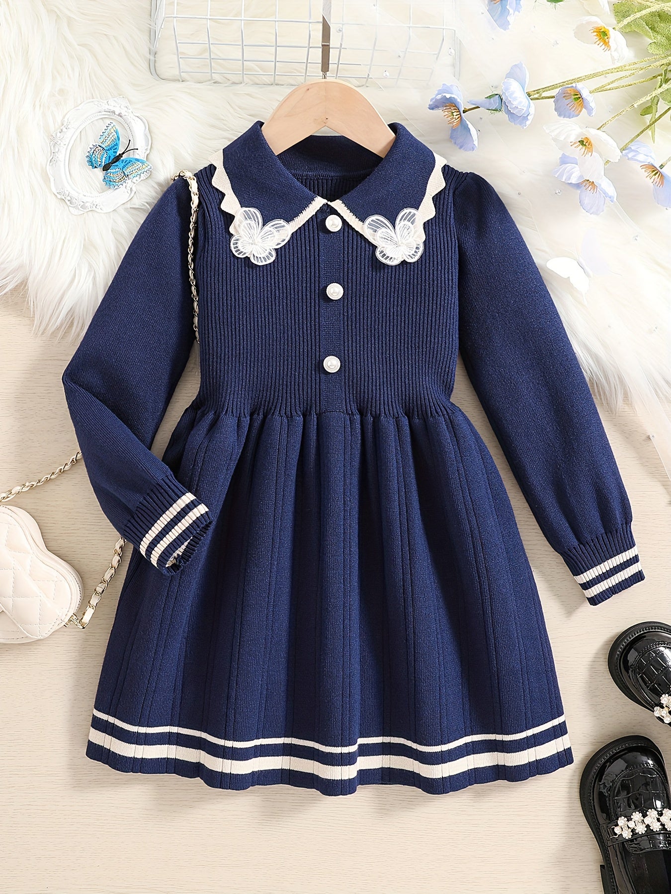 Stretchy & Comfy Long Sleeve Collar Butterfly Decor Preppy Style Dress for Girls Kids