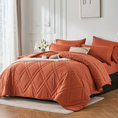 5/7pcs Luxurious Geometric Comforter Set - Soft, Stain-Resistant, Lightweight Microfiber Bedding with Lozenge Pattern, Hypoallergenic, Breathable, and Warm - Twin/Full/Queen/King Size Bed In A Bag for All Seasons with 100% Microfiber Cover and 100% Polyes