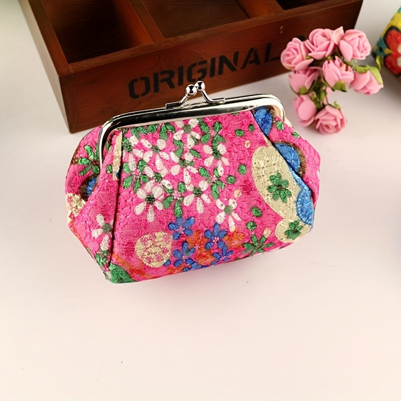 Mini Retro Flower Pattern Clutch Coin Purse, Kiss-Lock Carry On Pouch, Portable Women's Wallet