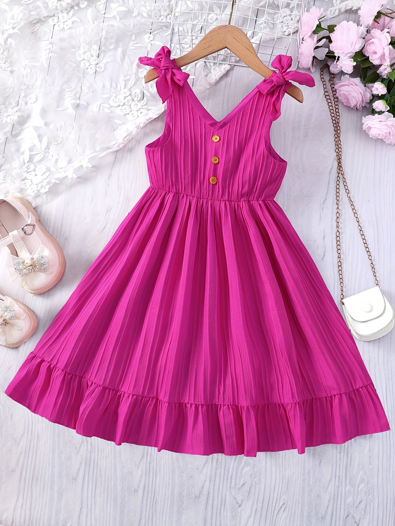 Adorable Bow-Knot Embellished Strappy Sleeveless Dress for Little Princesses - Perfect for Summer Celebrations and Special Occasions - Irresistibly Cute and Charming Decorated Party Gift