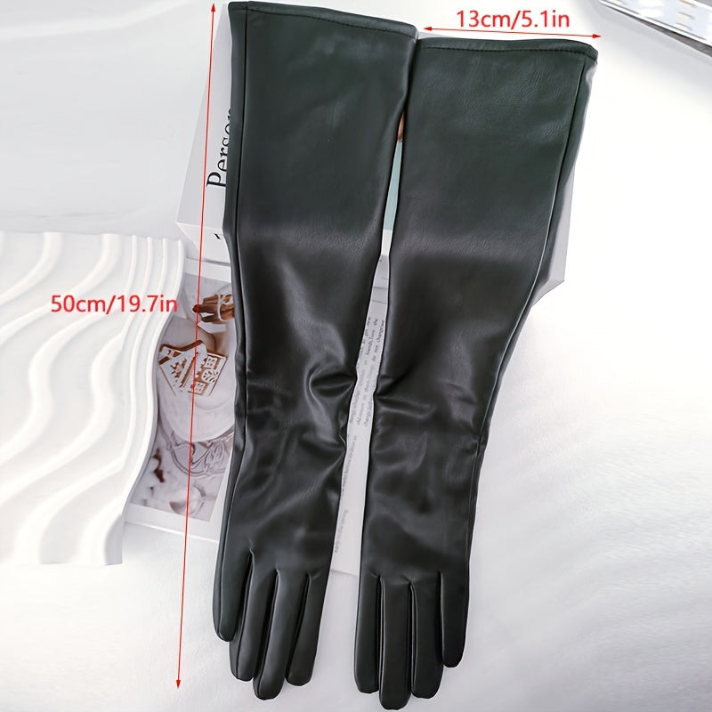 Luxurious Long Touchscreen Gloves - Waterproof, Warm, Simple, Stylish, Split Finger Design for Party, Prom, Dress Up Occasions - PU Leather, Black Color