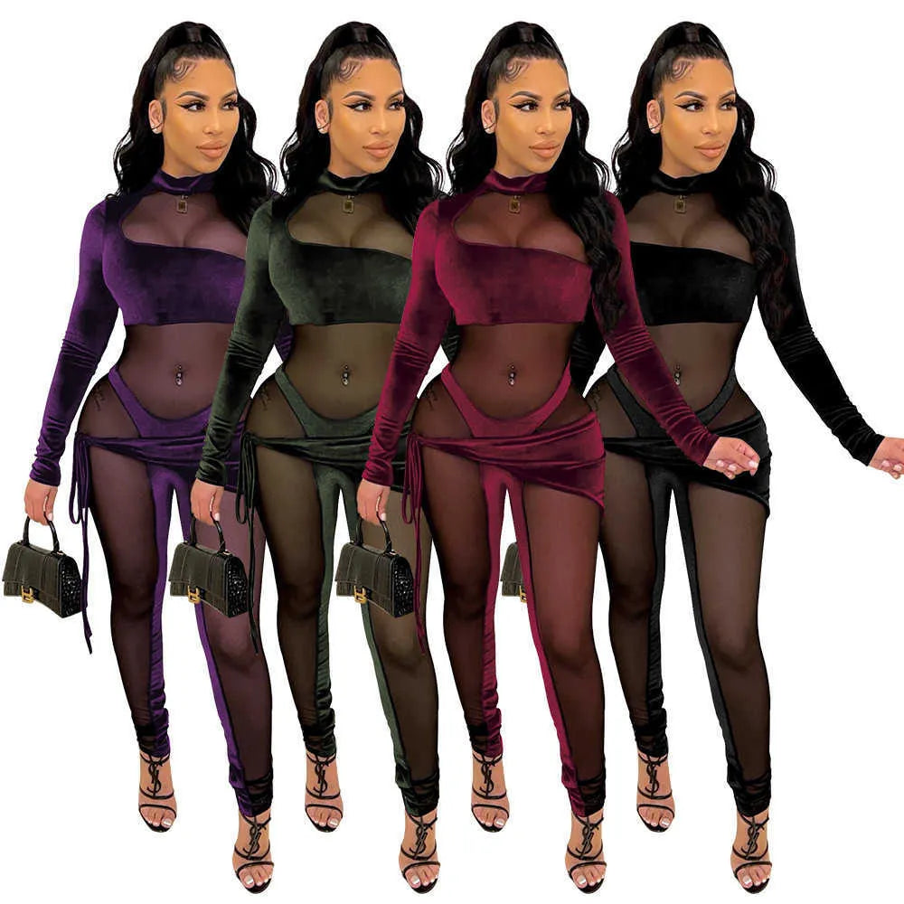 Women's designer mesh gauze sexy one-piece suit long-sleeved high-necked jumpsuit clubwear jumpsuits rompers