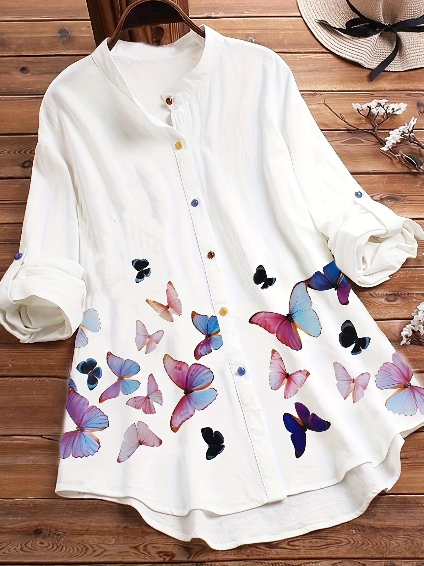 Plus Size Butterfly Print Shirt - Relaxed Fit for Ultimate Comfort, Long Sleeve for Versatility, Classic Button Front Design - Designed for Plus Size Women, Part of Our Womens Clothing Collection