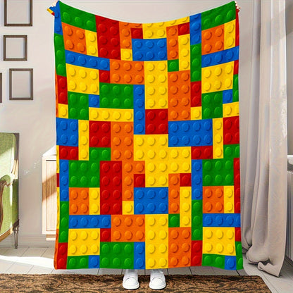 1pc Cozy Building Blocks Flannel Blanket - Soft, Warm, and Vibrant Print for Ultimate Comfort - Perfect for Couch, Sofa, Office, Bed, Camping, and Traveling