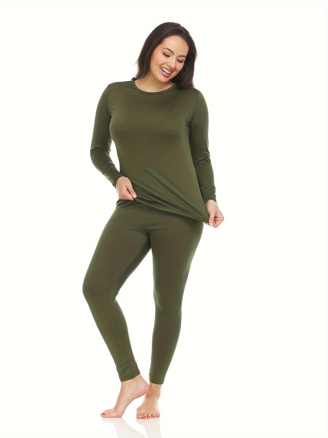 2Pcs Womens Thermal Underwear Set - Solid Color, Round Neck Long Sleeve Top & Stretch Leggings - Premium Base Layer Activewear for Cold Weather Comfort and Freedom of Movement