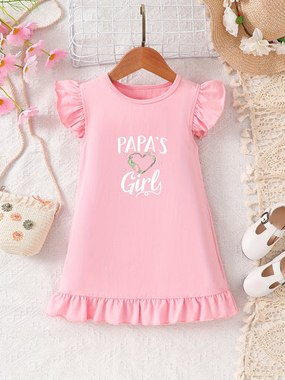 Cute Cartoon PAPAS GIRL Print Bodycon Dress for Girls - Soft Cotton, Short Sleeve, Crew Neck, Alphabets Pattern, Regular Fit, Slight Stretch, Perfect for Spring & Summer, Great Gift Idea