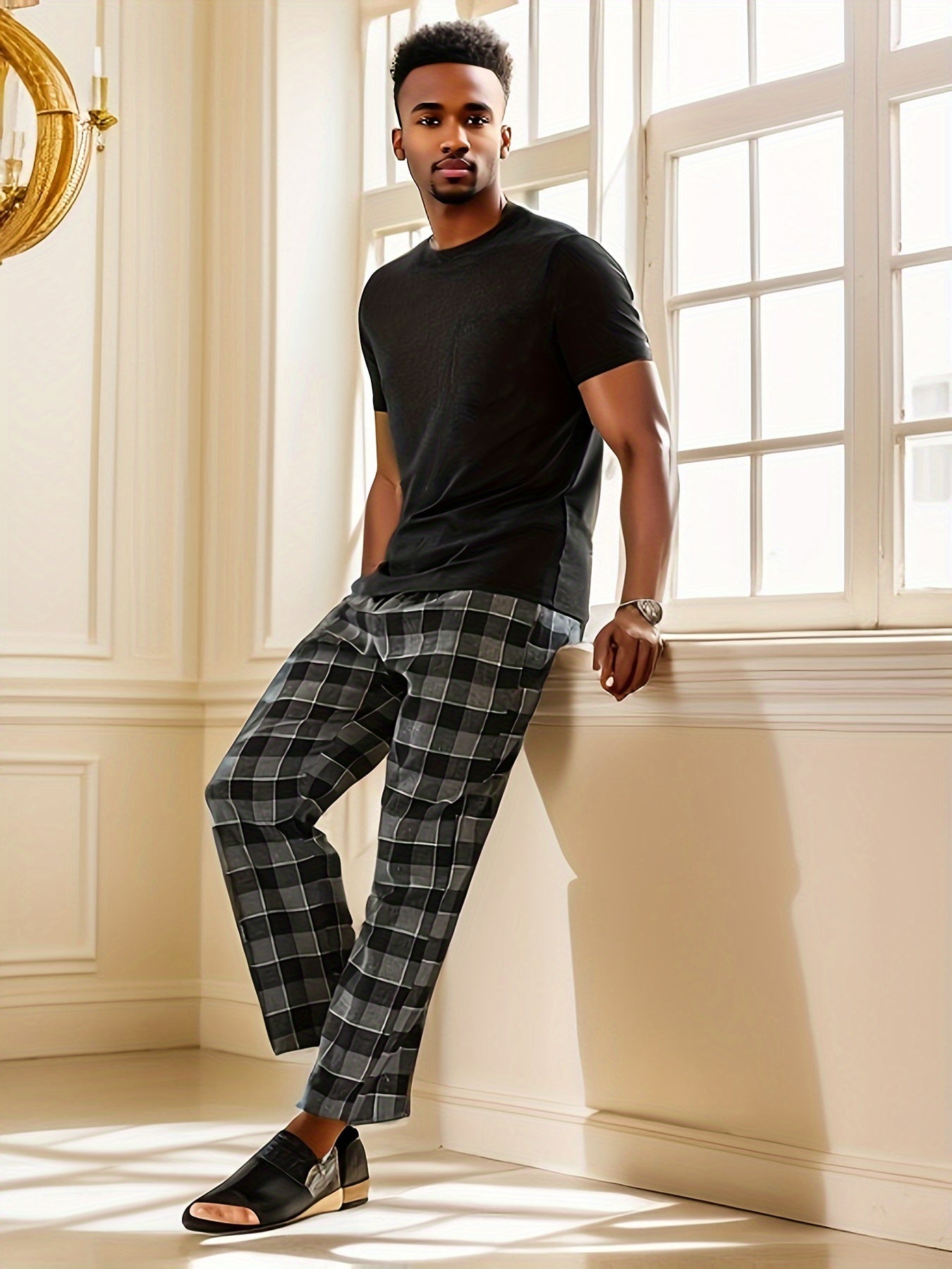 2 Pcs Men's Simple Solid Round Neck Short Sleeve & Plaid Trousers Pajama Set, Comfortable & Skin-friendly Style Pajamas For Men's Cozy Loungewear