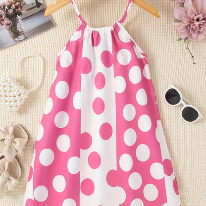 Girls Charming Polka Dot Summer Dress - Chic Thin Straps, Sleeveless, Vibrant Print, Regular Fit, Knee-Length - Ideal for Stylish Casual Outings