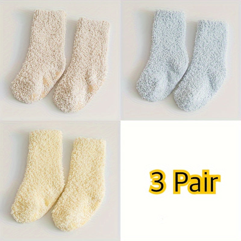 3 Pairs Of Baby Boy's Solid Color Thermal Thickened Crew Socks, Comfy Casual Soft Cotton Blend Knitted Crew Socks, Baby Boy's Hosiery