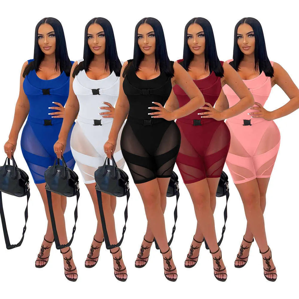 Women's jumpsuits summer amp rompers New Mesh Splice Sexy Perspective Tank Top Jumpsuit romper Women clubwear