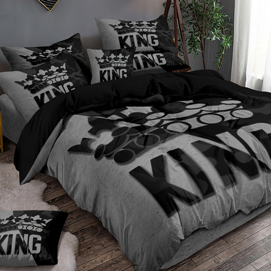 3-Piece Gray and Black King Pattern Soft Brushed Microfiber Duvet Cover Set - Luxurious, Hypoallergenic, and Breathable Bedding for Bedroom, Guest Room, and Dorm Decoration - Easy Care, Wrinkle-Resistant, and Fade-Proof