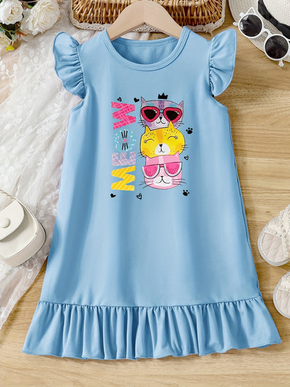 Casual Cartoon Cat Ruffle Trim Crew Neck Dress for Girls - Vibrant Graphic Print, Flying Sleeve, Trendy Summer Outfit - Fun and Playful Design for Little Fashionistas