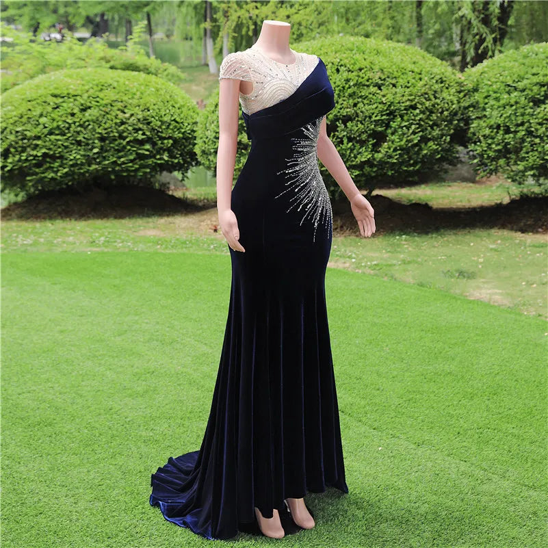 New Arrival Red Formal Evening Dresses  Sheer Cap Sleeve Beadings Sequins Long Party Prom Gowns For New Years Dress BM3508