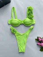 Sexy Push Up Bikini 3D Flower Solid Color  Women Swimwear Underwired Swimsuit High Cut Bathing Suit Bikinis Set Biquini