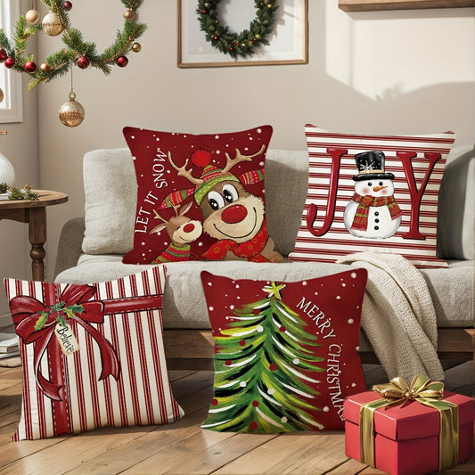 4pcs, Merry Christmas Throw Pillow Covers, Cute Reindeer Snowman Xmas Tree Stripes Print Cushion Covers, 18in*18in, Winter Holiday Farmhouse Home Decor Pillowcases, For Porch Patio Couch Sofa Living Room Outdoor, Set Of 4, Without Pillow Inserts