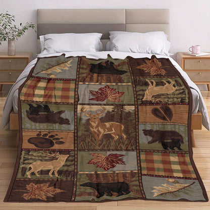 1pc Cozy Country Style Rustic Cabin Ultra-Soft Flannel Throw Blanket - Warm, Lightweight, and Plush for Couch, Bed, Living Room, Bedroom, and Sofa - Featuring Lodge Bear Moose Deer Design, Perfect for Winter, Camping, and Outdoor Enthusiasts