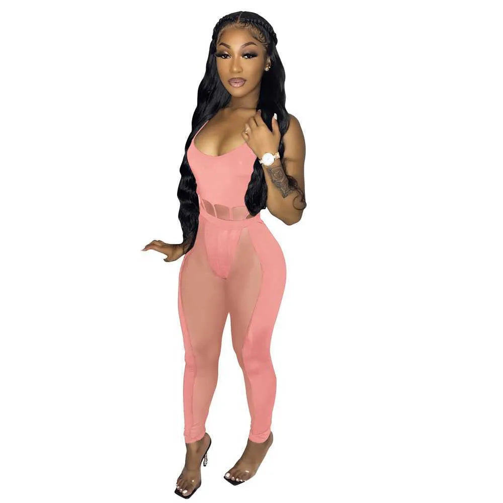 Women's Dress Mesh Splice Sling Sexy Hollow out Nightclub Perspective Two Piece Set clubwear jumpsuits rompers