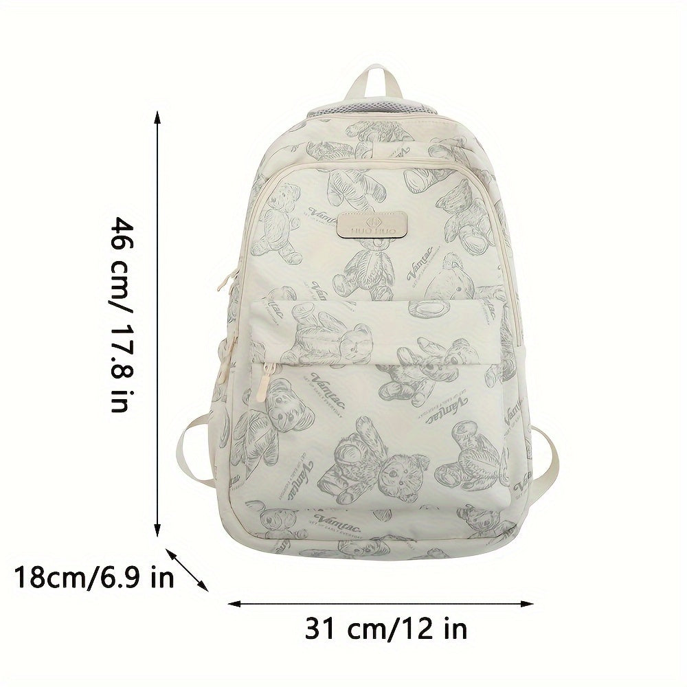 90cm Shoulder Strap Casual Nylon Bear Print Backpack - Versatile Daypack for College, Library, Daily Commute & Going Out - Stylish, Trendy, and Spacious Uncharged Schoolbag for Men