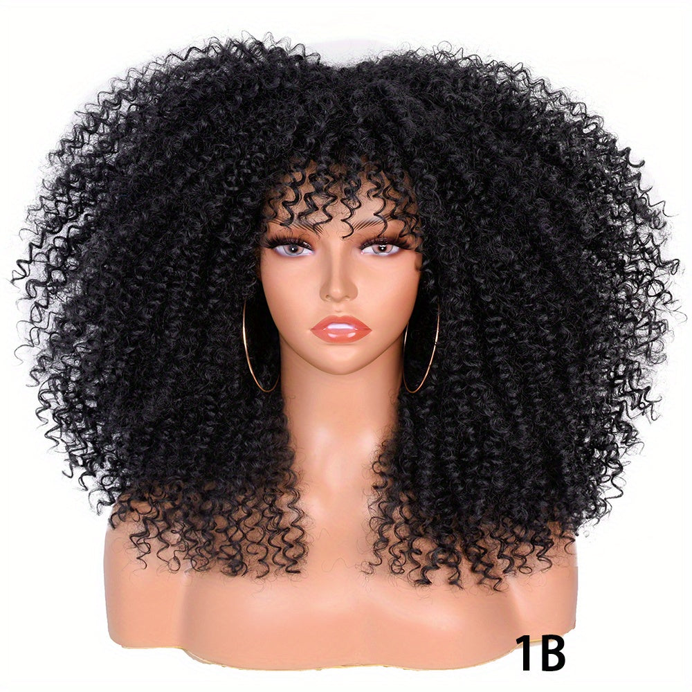 Versatile 16-Inch Afro Kinky Curly Wig | Comfort Fit with Bangs | Unisex, Easy Maintenance for Daily Wear & Cosplay