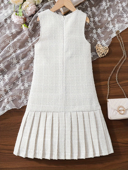 Elegant Girl's Straight Pleated Dress, Spring & Summer Vacation Party Casual A-line Dresses, Gift