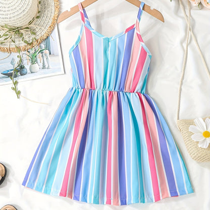 Chic Summer Striped V-Neck Cami Dress for Girls: Easy-Care, Breathable & Durable – Ideal for Party & Beach Fun