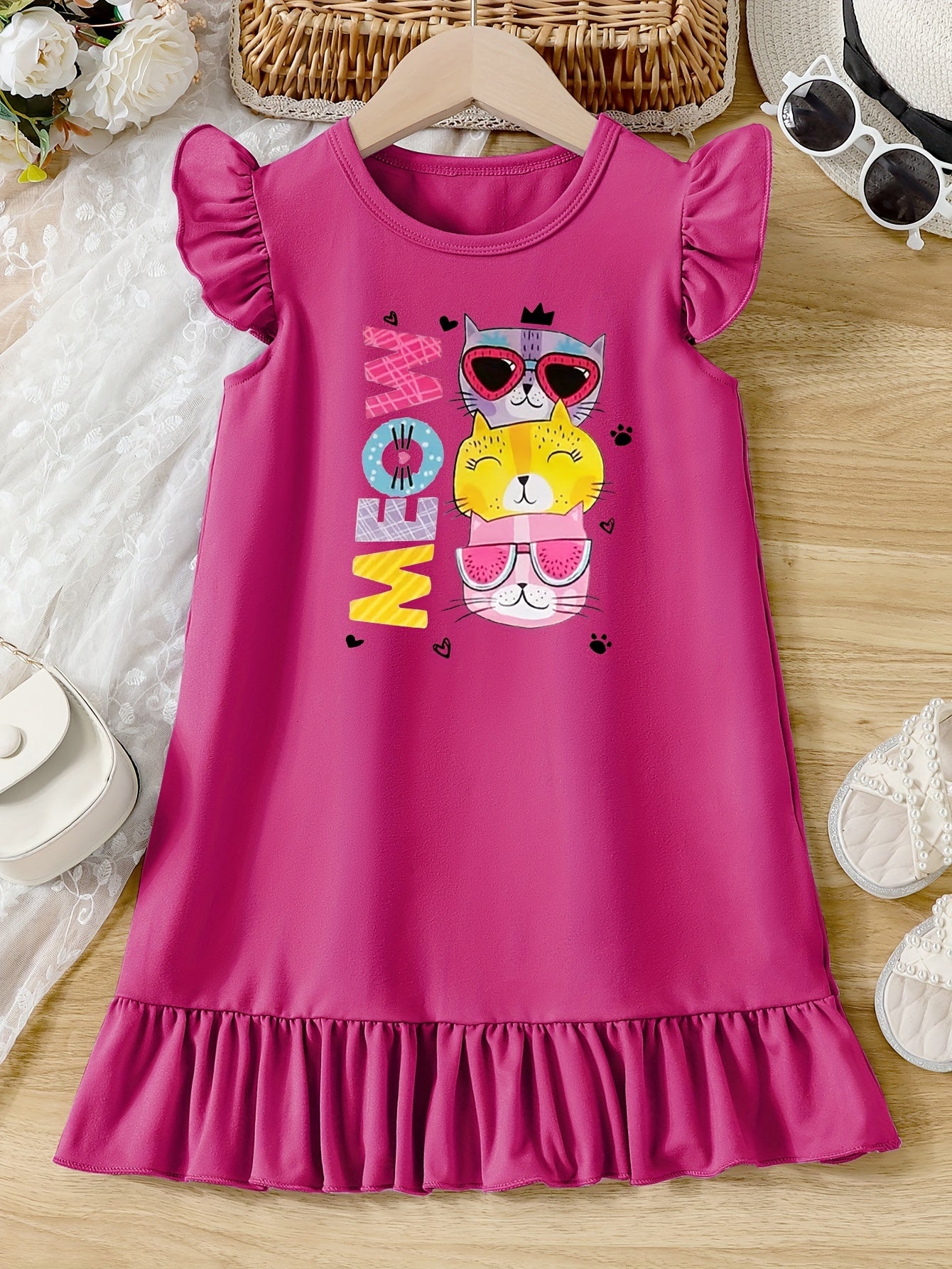 Casual Cartoon Cat Ruffle Trim Crew Neck Dress for Girls - Vibrant Graphic Print, Flying Sleeve, Trendy Summer Outfit - Fun and Playful Design for Little Fashionistas