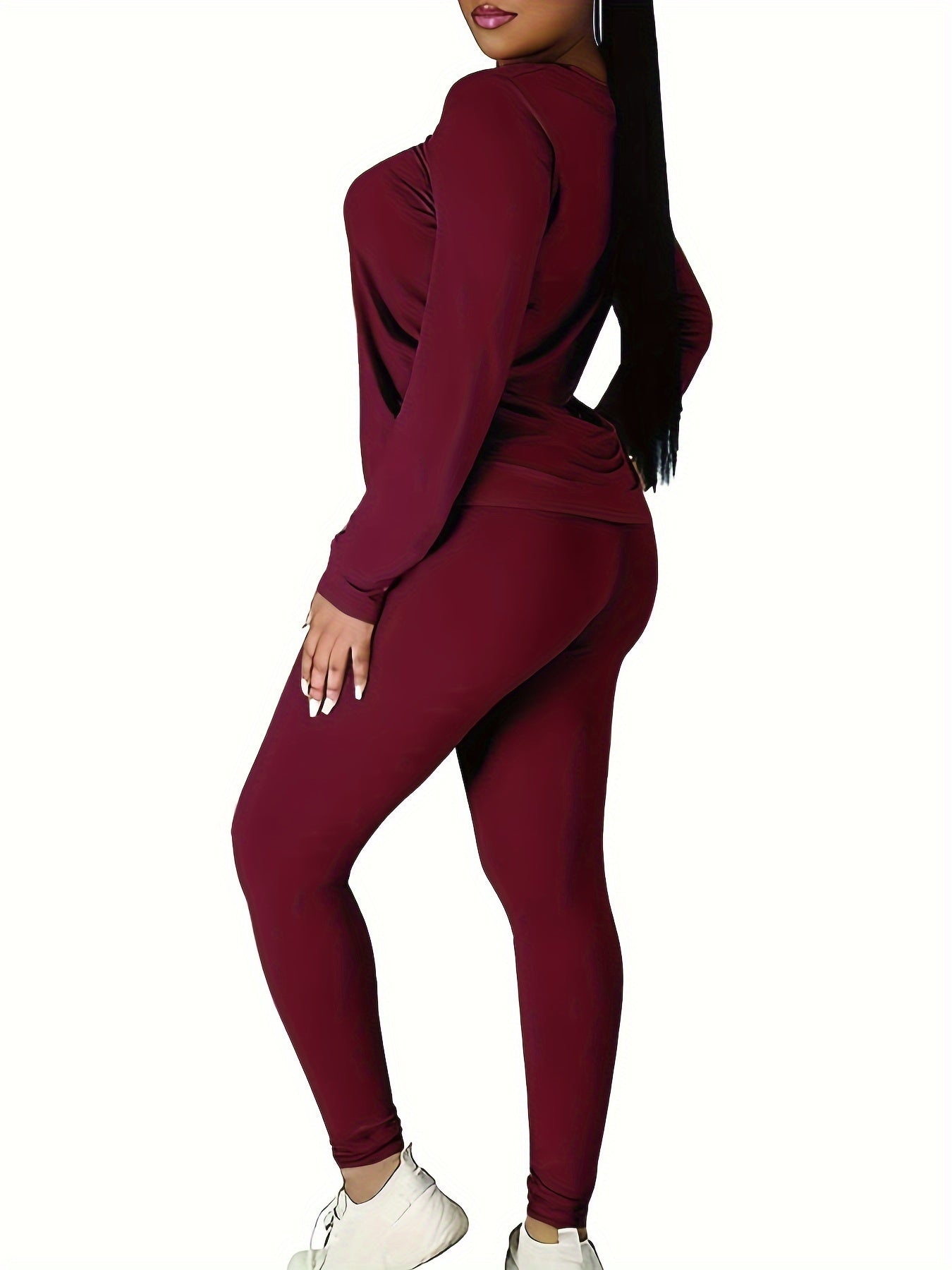 Women's Basic Thermal Underwear Set, Plus Size Solid Long Sleeve Round Neck Base Layer Top & Leggings Thermal Underwear 2 Piece Set