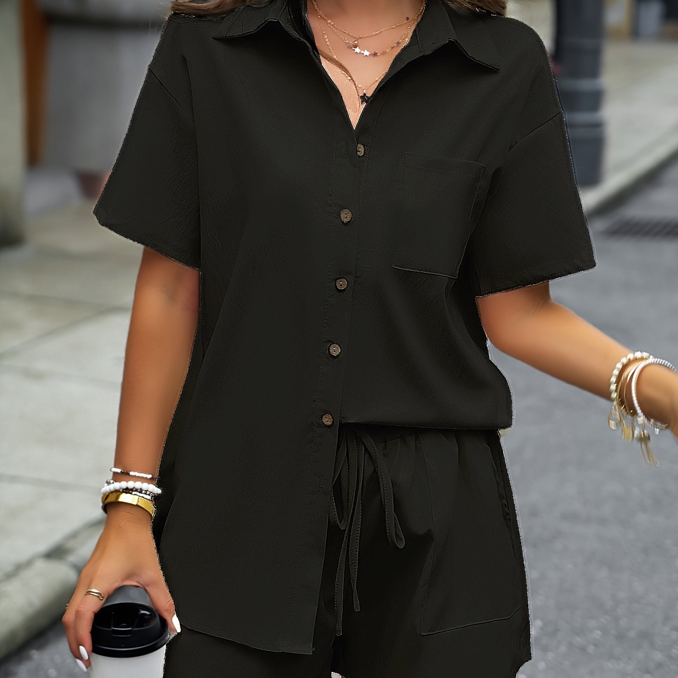 Two-Piece Solid Casual Outfit Set - Elegant Button Front Turn Down Collar Mid-Length Shirt & Drawstring Elastic Waist Shorts - Polyester Woven, Spring/Summer Wear, No Sheer, No Printing, Lace-Up Closure