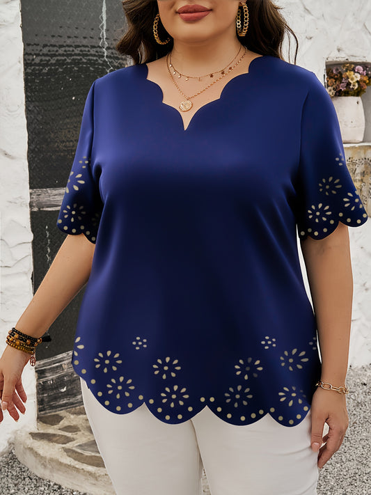 Plus Size V Neck Scallop Trim Cut Out Blouse - Soft Slight Stretch Polyester Fabric, Hollow Out Design, Casual Short Sleeve Shirt for Spring - Middle East Style, All-Season Wear, No Printing, Woven