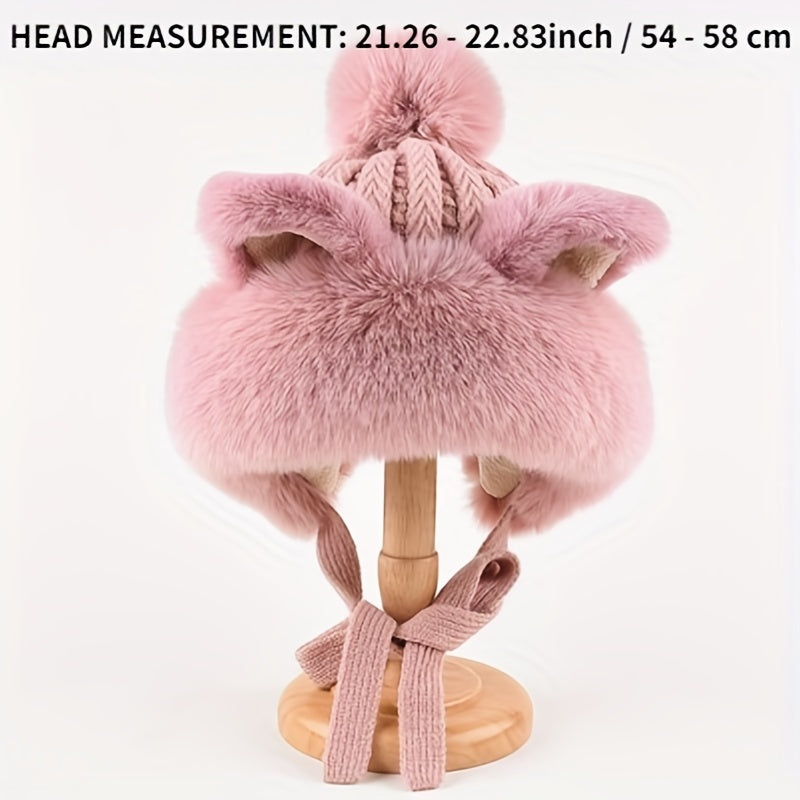 Adorable Fox/Cat Ear Warm Winter Hat - Plush Knit, Elastic, with Ear Protection & Adjustable Drawstring for Stylish Warmth