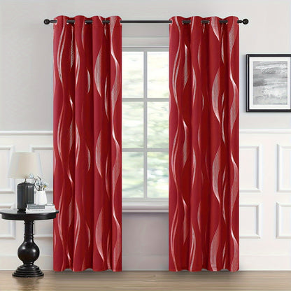 2PCS Luxurious Blackout Curtains with Grommet Top - Thermal Insulated, Noise Reducing, High Precision Bronzing Striped Wave Pattern for All-Season Room Darkening - Polyester Drapes for Bedroom and Living Room with Easy Installation