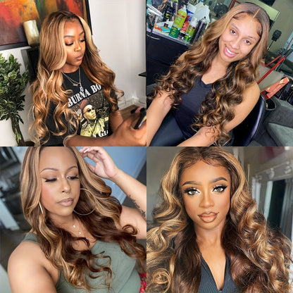 Blonde Highlight body Wave HD 4x4 Lace Closure Human Hair Wig Lace Front Human Hair Wig  Women High Gloss Glueless 4/27 Wig For Women