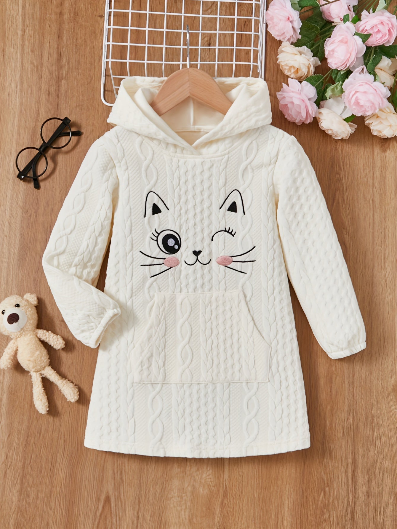 Cute Kitten Graphic Long Sleeve Hooded A-line Dress For Girls Spring Fall Winter Christmas Gift