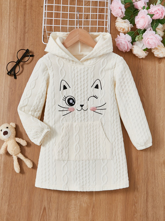 Cute Kitten Graphic Long Sleeve Hooded A-line Dress For Girls Spring Fall Winter Christmas Gift