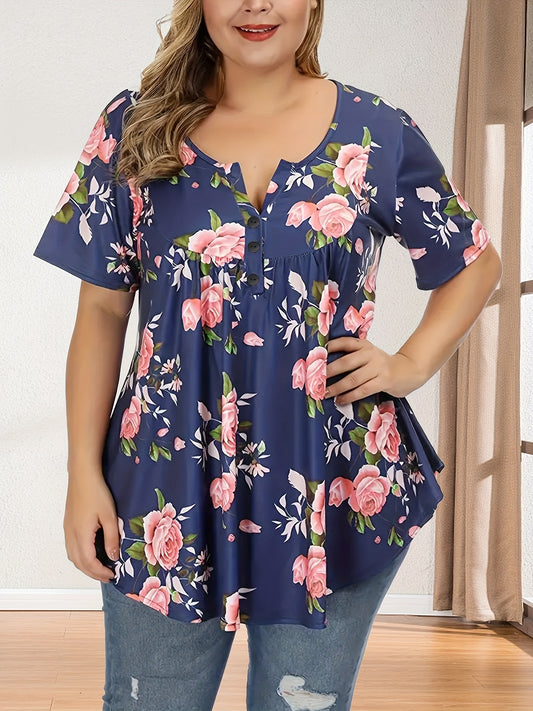 Plus Size Womens Floral Print Polo Collar Short Sleeve Casual Blouse - Button Front, Non-Stretch Polyester, Round Neck, Random Print, Summer Top - Easy Wear, Relaxed Fit, Classic Style